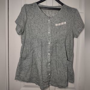 Darmei Grey Babydoll Button Down Pocket Floral  Shirt Sleeve L/XL Pattern Lance